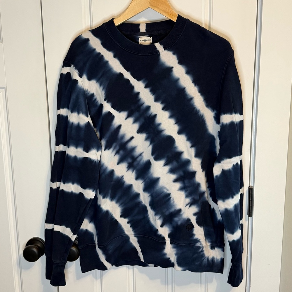 Tory Sport Oversized Blue and White Tie-Dyed Sweatshirt